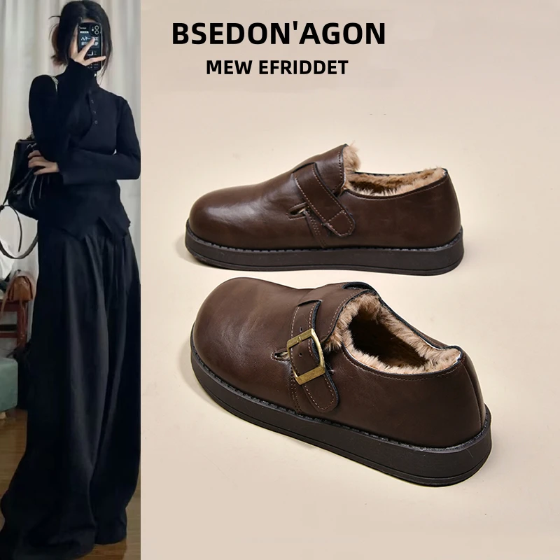 BSDE/步狮登厚底勃肯鞋加绒小皮鞋女鞋冬季保暖雪地靴乐福鞋棉鞋