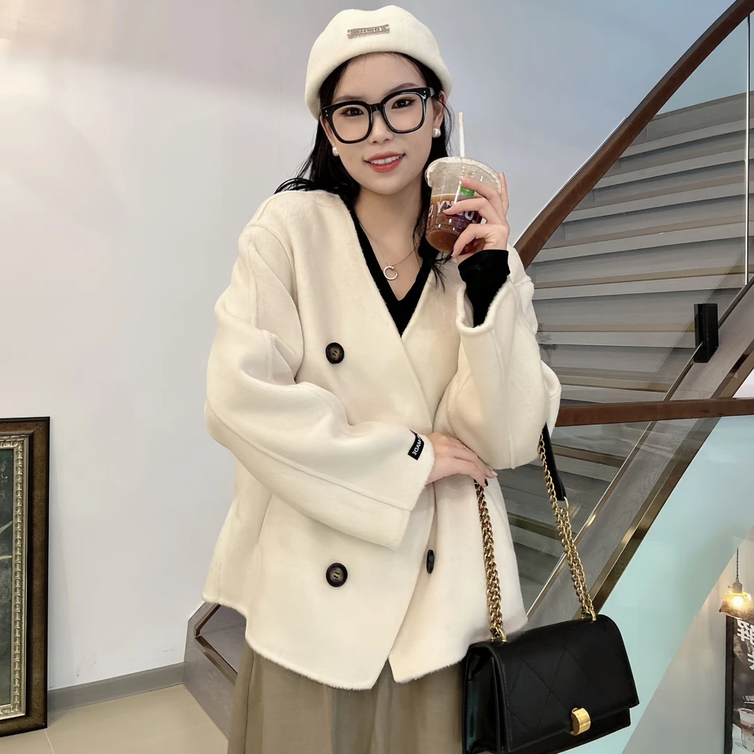 羊驼毛韩式新款V领短款双面羊毛大衣宽松韩版简约百搭大衣外套