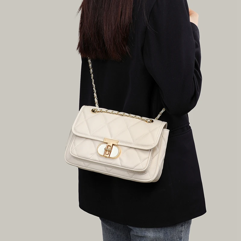 包包真皮斜挎包女包2024新款高级感简约通勤包轻奢菱格链条单肩包