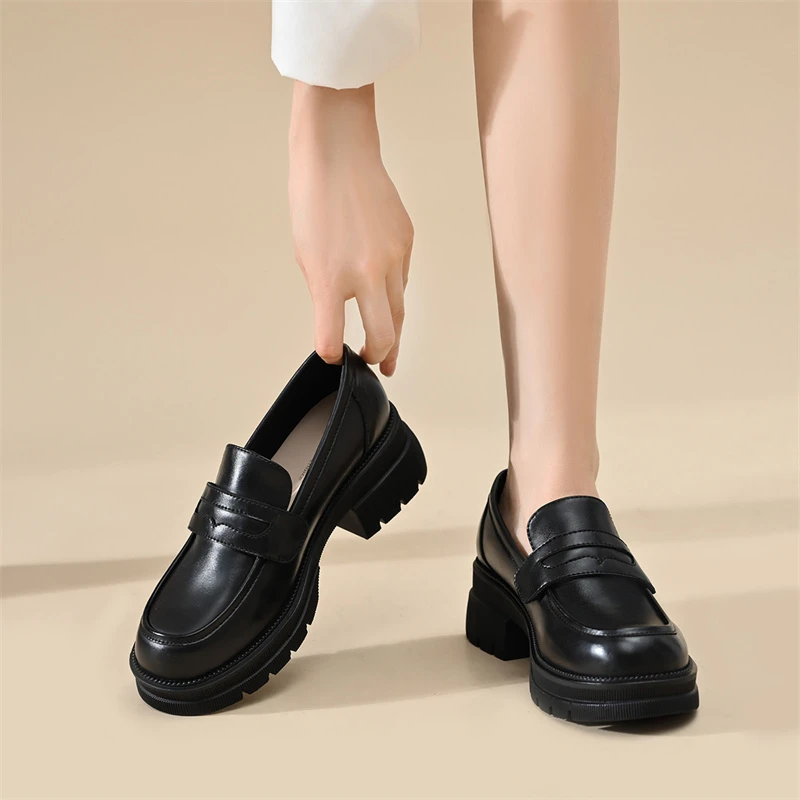 ZHR则则饰扣厚底乐福鞋女鞋2025春秋新款百搭舒适一脚蹬豆豆鞋女