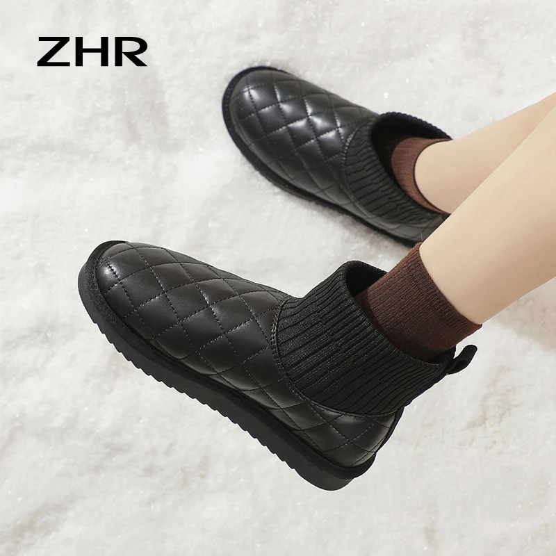 ZHR则则衍缝格纹保暖雪地靴女2025冬季新款韩版长绒柔软舒适女靴