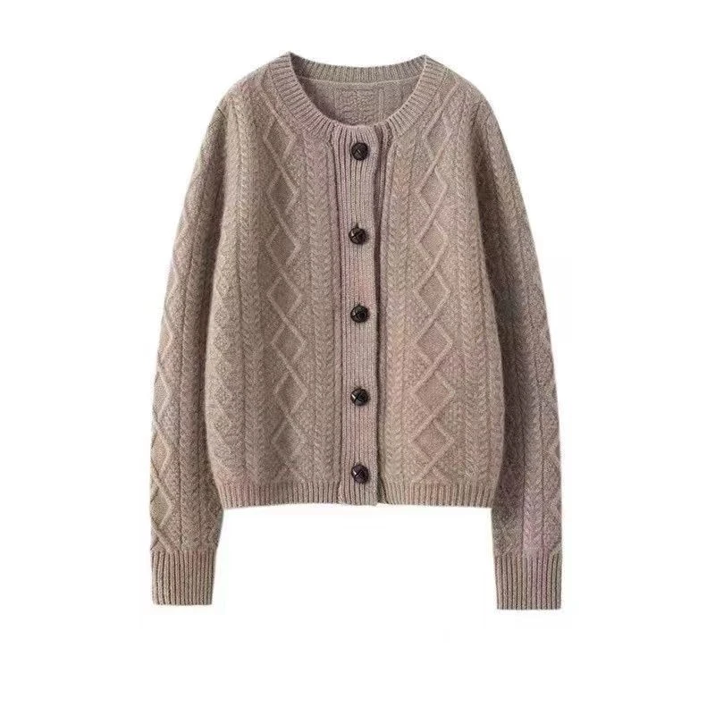 纯羊毛加厚重磅麻花圆领开衫上衣百搭外穿女