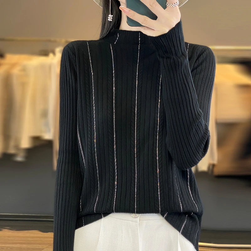 安迪绒带钻半高领针织女士时尚洋气显瘦