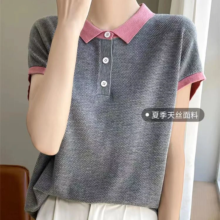 夏季新款桂花针莱赛尔天丝Polo领洋气时尚上衣