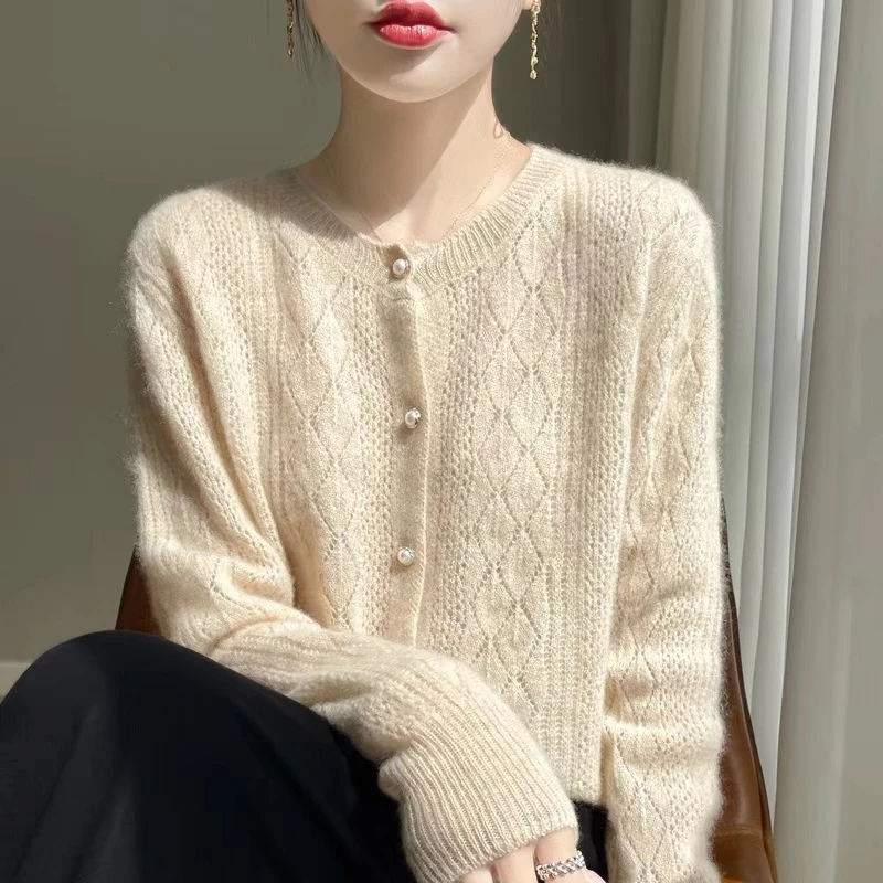 纯羊毛镂空女圆领针织开衫宽松显瘦外穿气质上衣外套