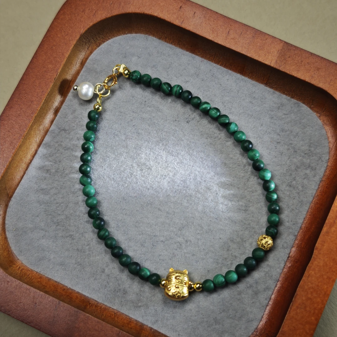 【禄猫】物华天然宣传小众设计3mm孔雀石圆珠小金猫单圈女手串手工