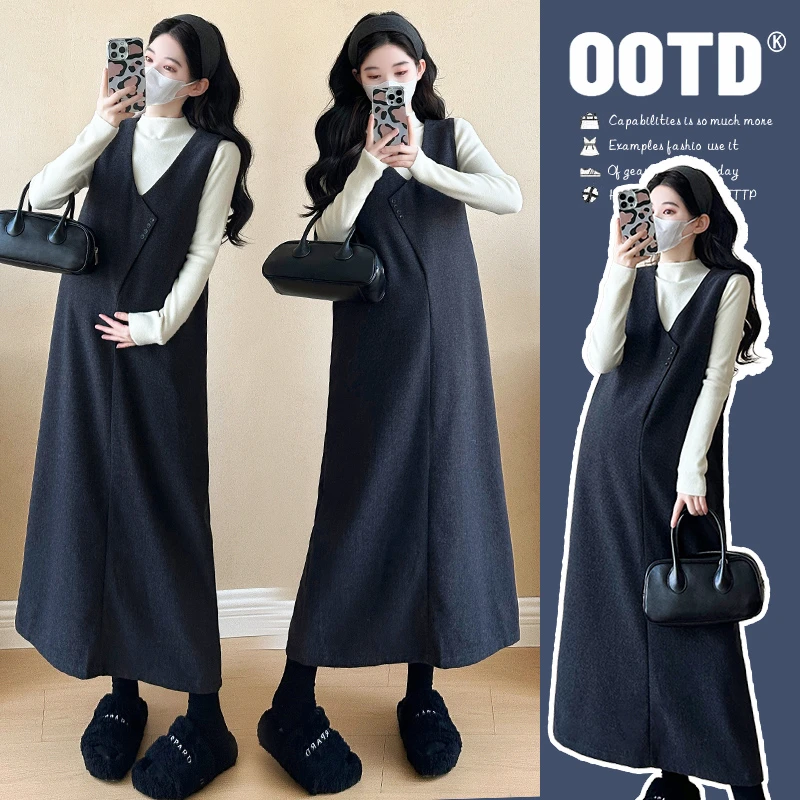 尤尤小个子孕妈~韩版2025新款显瘦秋冬加厚毛衣+毛呢背心裙套装