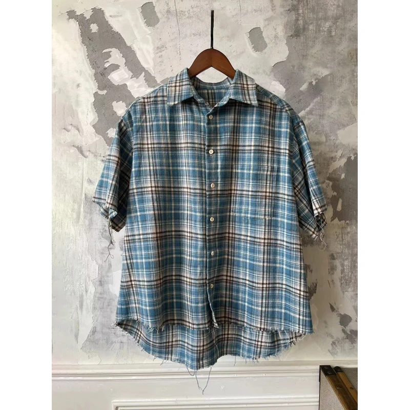 treclub“湖映蓝”短袖cleanfit设计半袖衬衫宽松干净百搭格纹