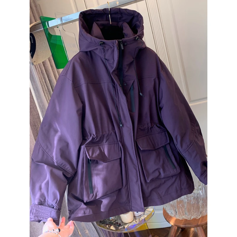 独特超好看紫色连帽收腰冲锋衣外套女2025春秋宽松休闲工装夹棉衣