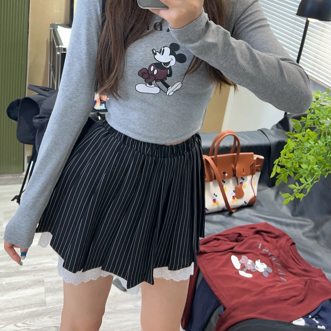 55886#【竖条蕾丝边】2024泡菜定制款减龄学院百褶松紧A字半身裙