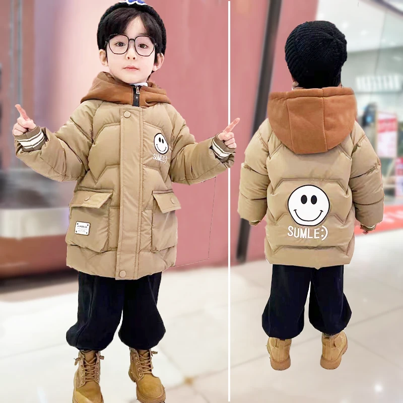 男童中小童棉服外套中长款2024新款小男孩棉袄加绒加厚款笑脸棉服