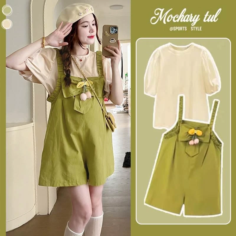 孕妇装夏款2024新款时尚套装背带裤两件套短袖上衣女大码洋气时髦