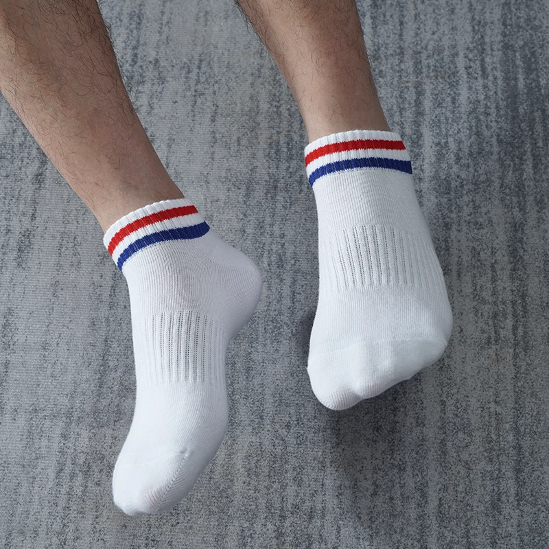 两杆条纹低帮短袜男士休闲运动袜潮流个性白色短筒袜低腰矮腰船袜