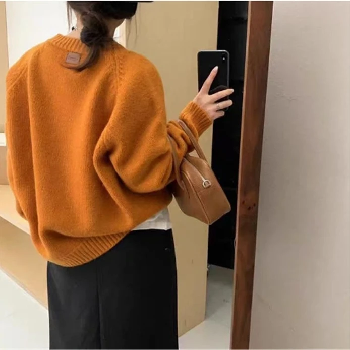 韩系温柔风别致贴标套头毛衣A119新款2024慵懒感秋冬款圆领针织衫