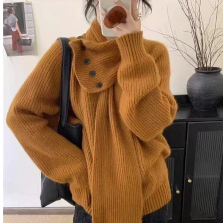 韩版设计感可拆围脖毛衣女秋冬季独特好看慵懒松弛感百搭针织上衣