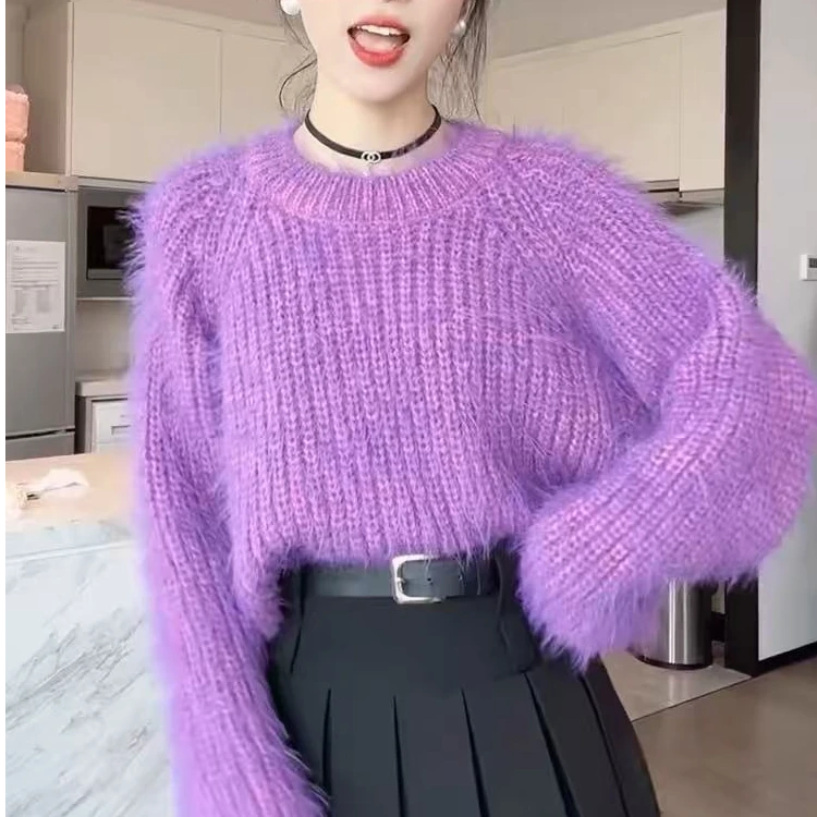 法式温柔设计感别致仿貂绒针织衫上衣女秋冬时尚重工开叉加厚毛衣
