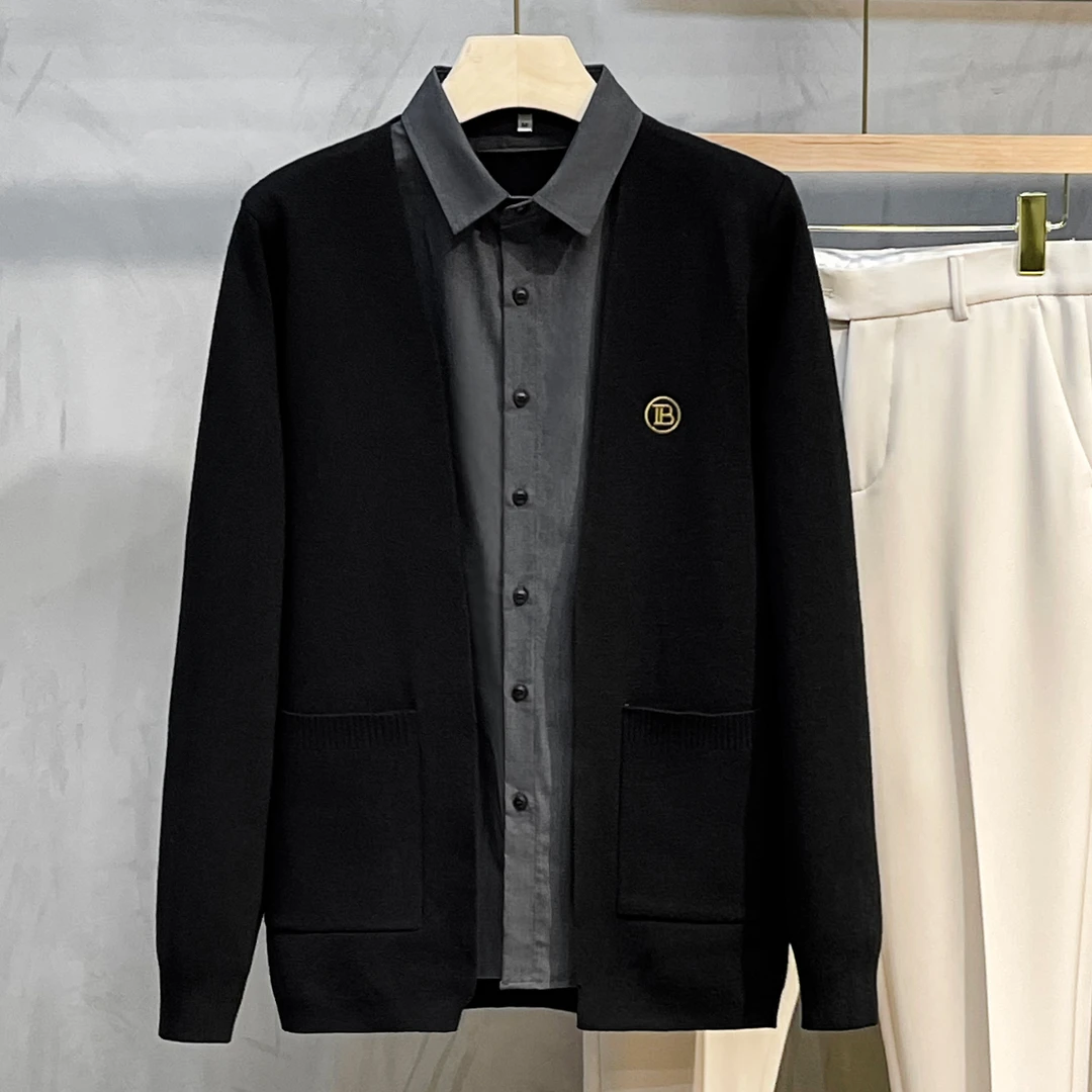 2024春秋新款男士假两件针织衫开衫衬衫领毛衣外套男刺绣韩版潮流