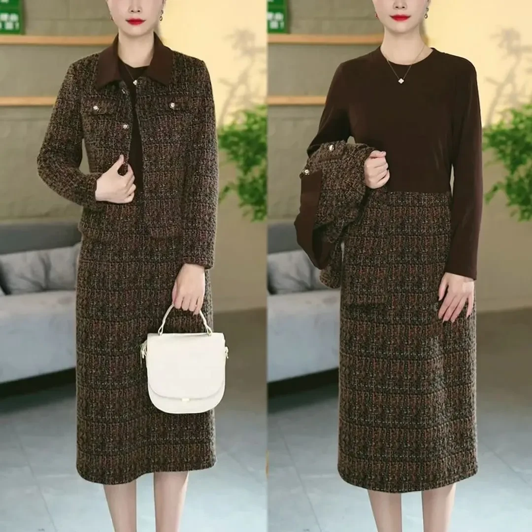 2024秋冬新款时尚气质显瘦长袖外套连衣裙休闲印花减龄二件套装女