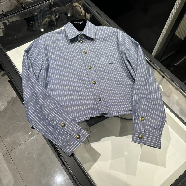 高级时装 24年新款女装 高定铜扣竖条纹时尚休闲风蓝色长袖衬衫