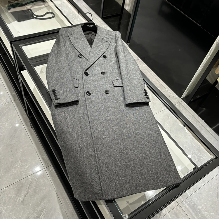 高级时装 24年秋冬女装 法式高定灰色人字纹毛呢长款外套大衣