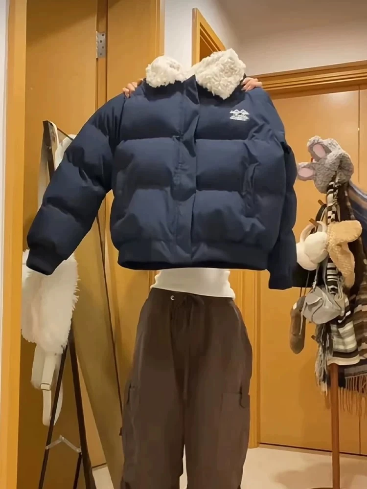 美式复古羊羔毛翻领短款棉服女小个子2024冬季加厚保暖棉衣外套