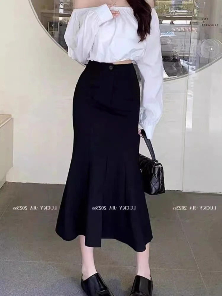 洋气百搭弹力鱼尾裙半身裙显瘦半身裙气质黑色时尚开叉中长款高腰