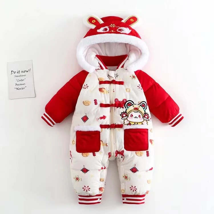 婴儿连体衣冬长袖加绒加厚爬服 0-1红色中国风拜年满月拜年外出服