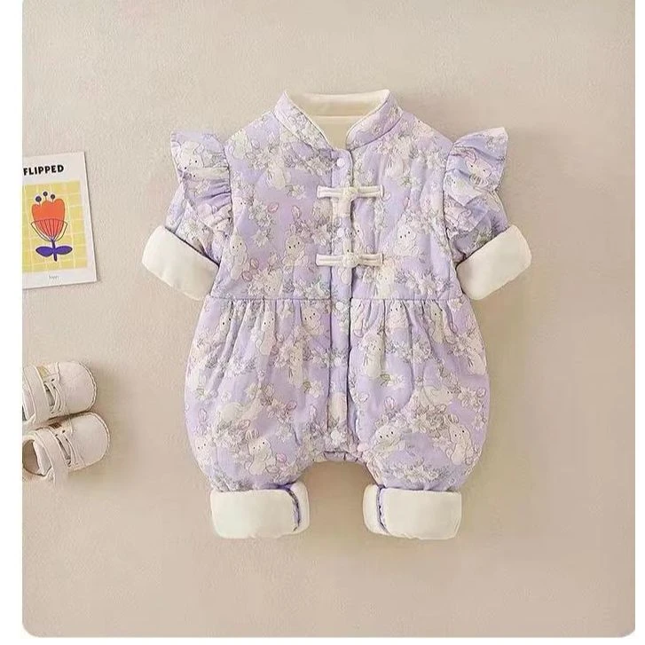 婴儿冬装衣服加绒加厚女宝宝国风连体衣夹棉保暖新生儿冬装外出服