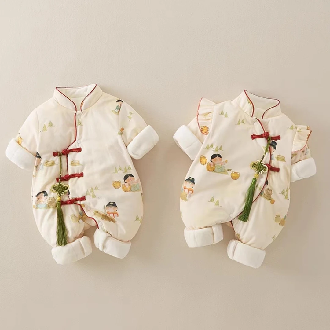 婴儿秋冬季衣服中国风宝宝夹棉连体衣百天礼服满月保暖哈衣爬爬服