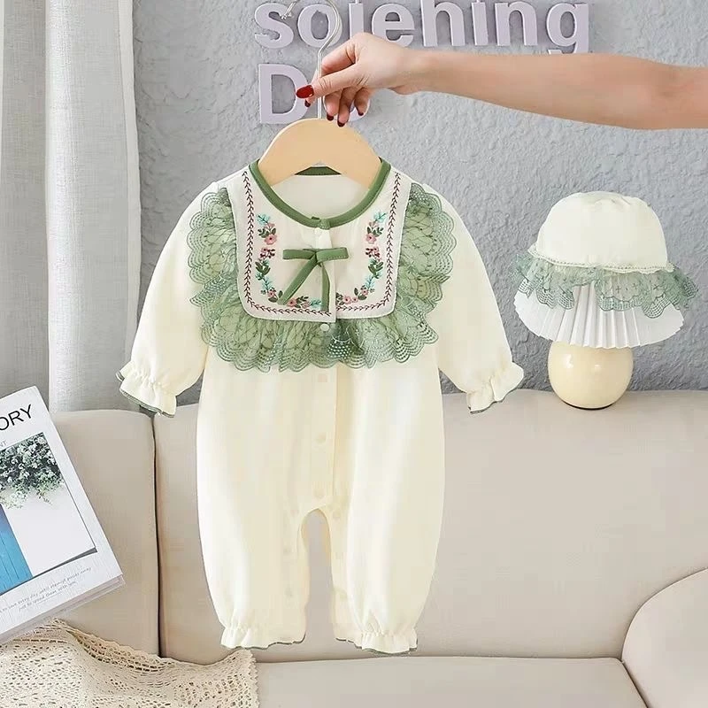 新款秋装婴儿长袖洋气女宝宝连体衣外出服花边新生儿公主哈衣套装