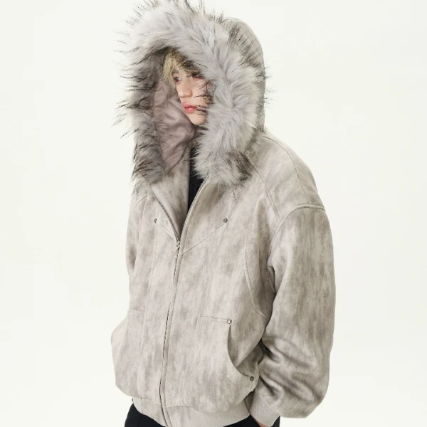 CCHAHA “墨悲丝染”冬季棉衣座山雕墨染连帽毛领夹棉棉服加厚外套