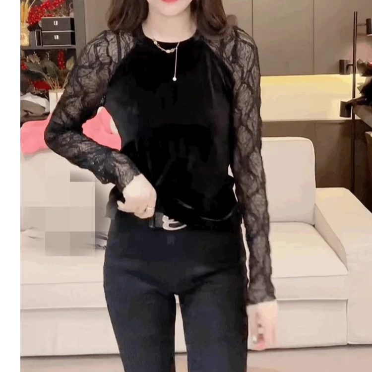 2025早春款蕾丝拼接丝绒长袖T恤女显瘦气质小衫内搭打底衫上衣