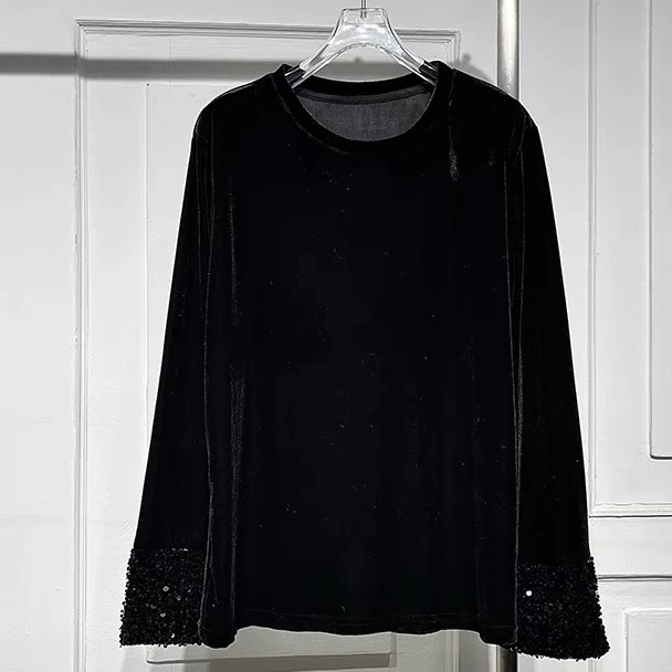 〖猫姐衣橱〗秋季新款丝绒亮片袖打底上衣8012