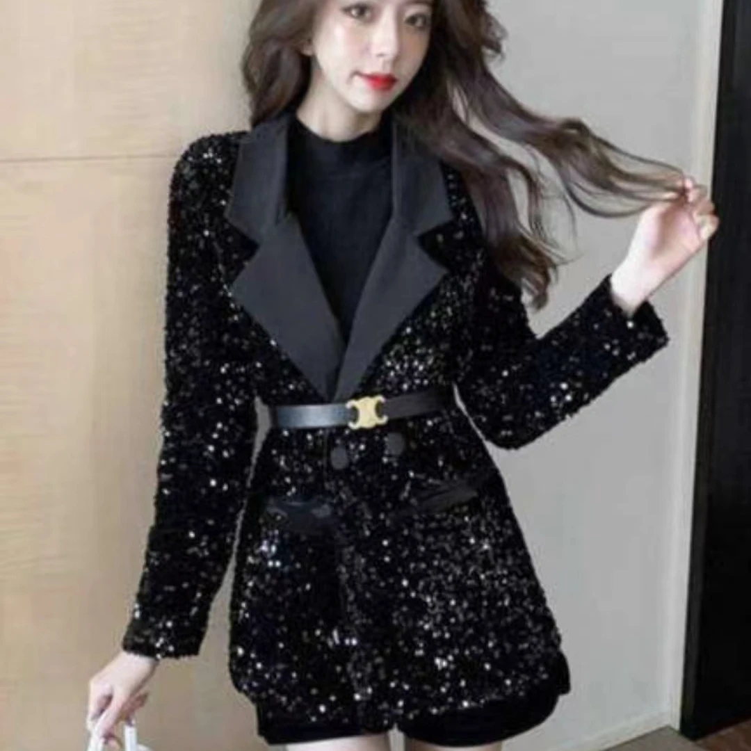 〖猫姐衣橱〗秋冬新款加棉洋气腰带款亮片西装外套2422