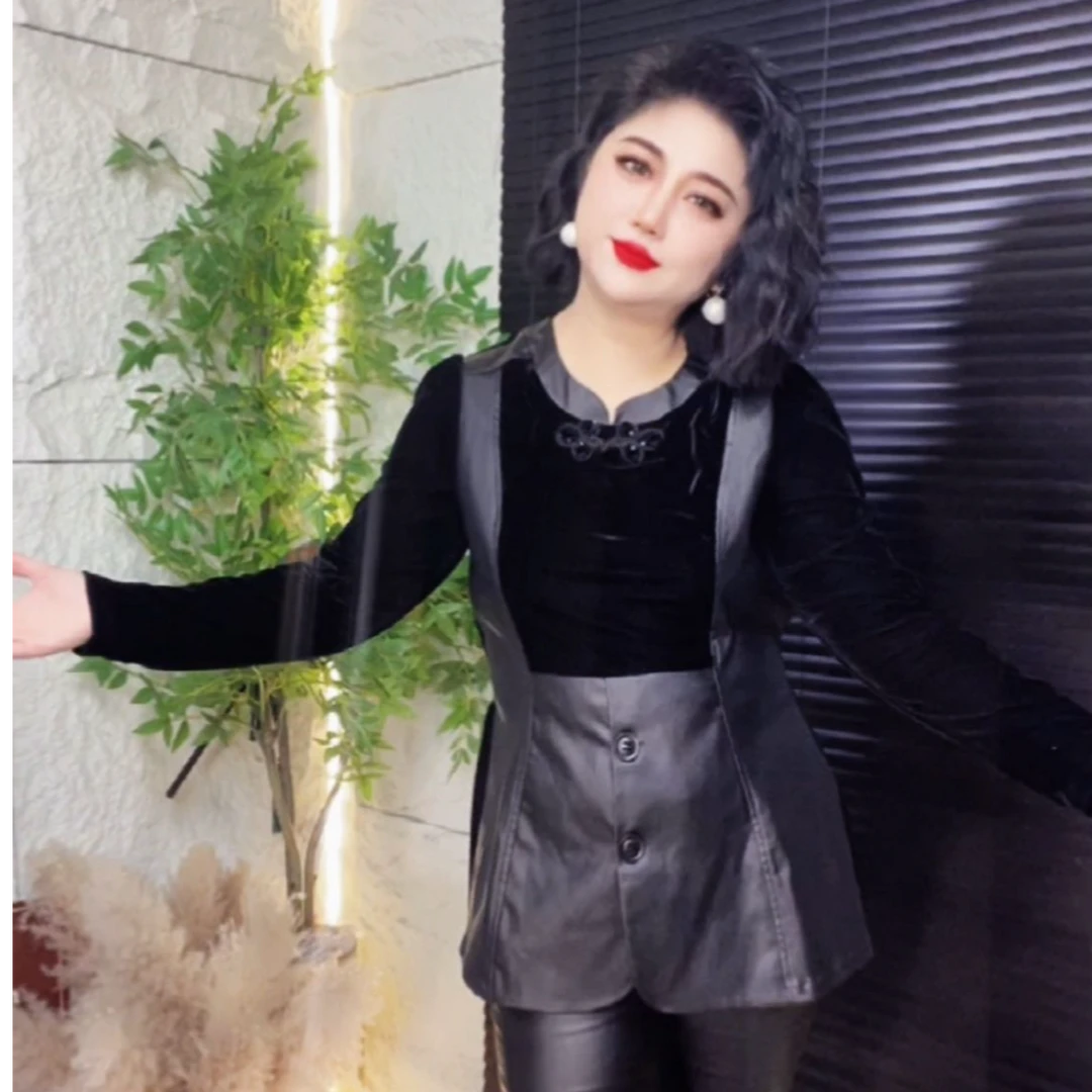 〖猫姐衣橱〗秋季新款时尚丝绒拼皮假两件中长上衣2625