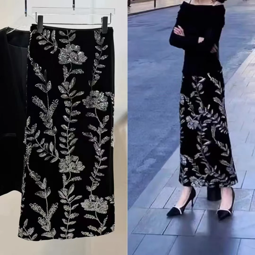 〖猫姐衣橱〗新款刺绣亮片丝绒中长半身裙053