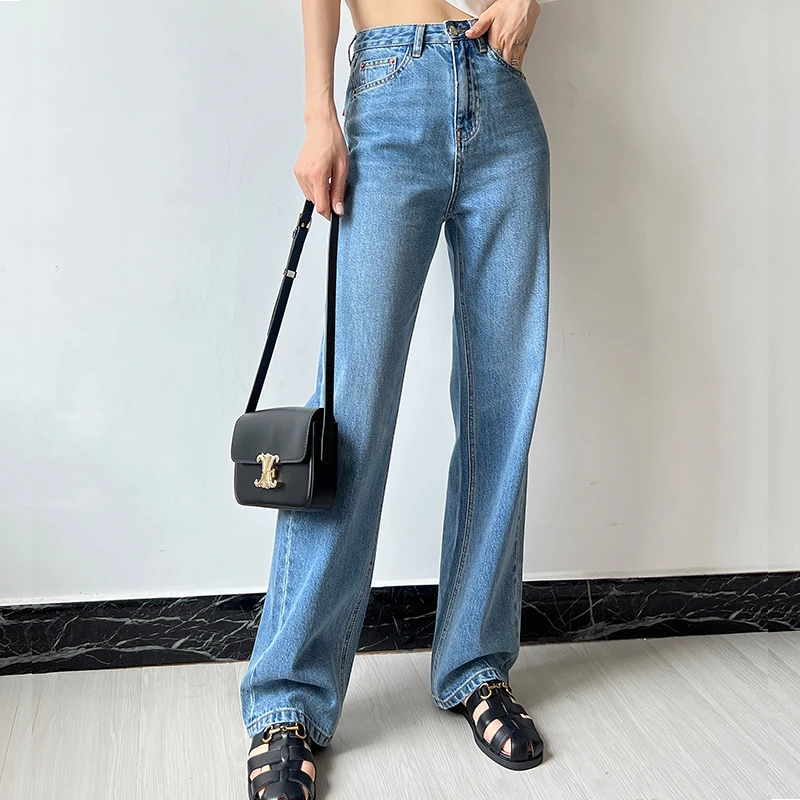 复古蓝直筒牛仔裤女春季新款宽松显瘦法式时尚垂感拖地裤阔腿长裤