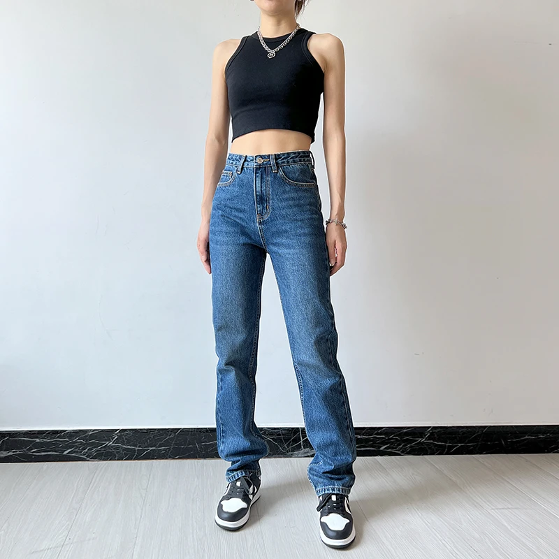 左唐高腰无弹力小直筒牛仔裤女秋宽松显瘦美式深蓝色烟管拖地长裤