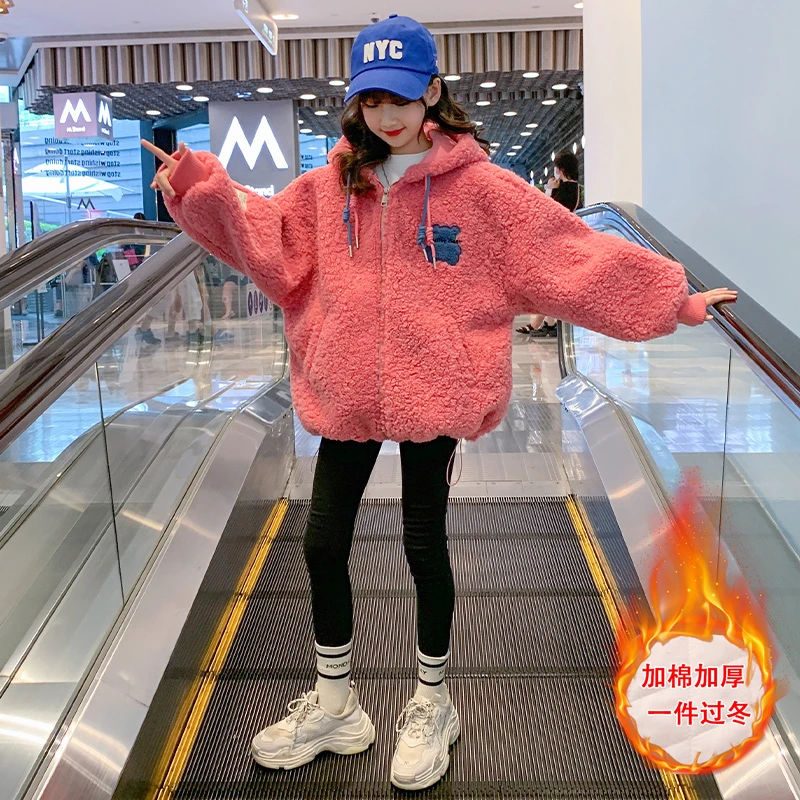 女童冬款2025新款时髦加绒加厚颗粒绒儿童冬装女大童羊羔毛外套潮