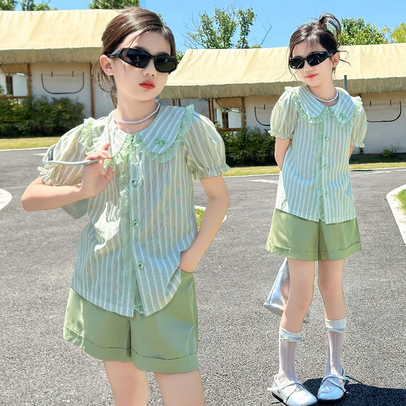 女童夏季套装2024新款6-12岁15岁洋气儿童甜美条纹衬衫短裤两件套