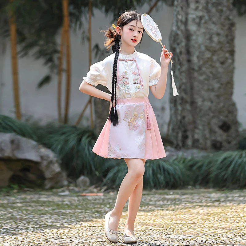 汉服女童夏装2024新款儿童新中式马面裙套装大童短袖女孩国风唐装