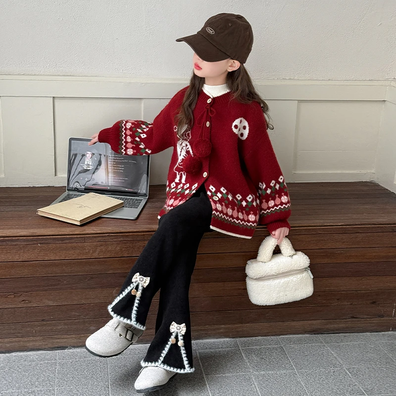 女童冬季加厚开衫毛衣套装儿童秋冬款加绒喇叭裤女大童洋气拜年服