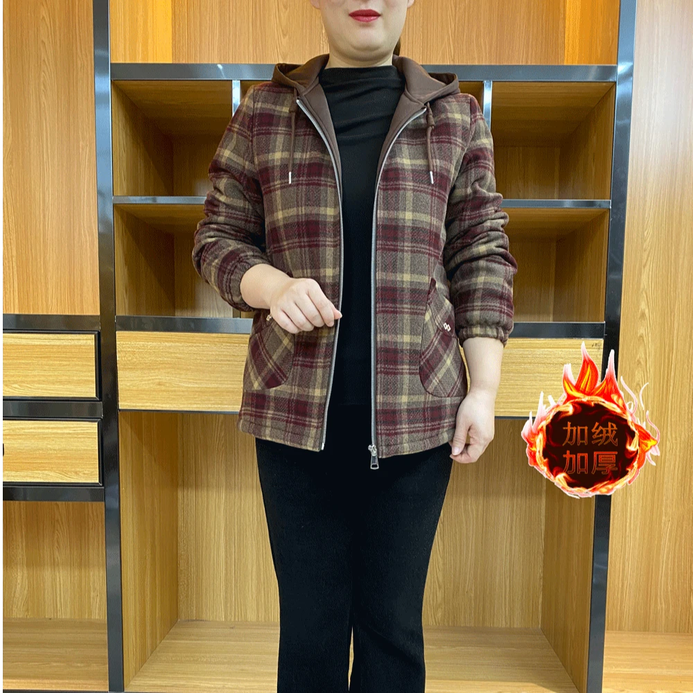 妈妈装冬款 时尚格子加绒保暖连帽棉衣外套 90-180斤 A28056气质