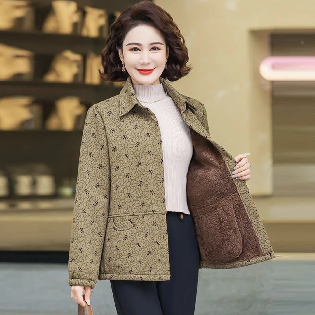 妈妈装秋冬新款 时尚小方领加绒外套 90-175斤 A28031洋气保暖