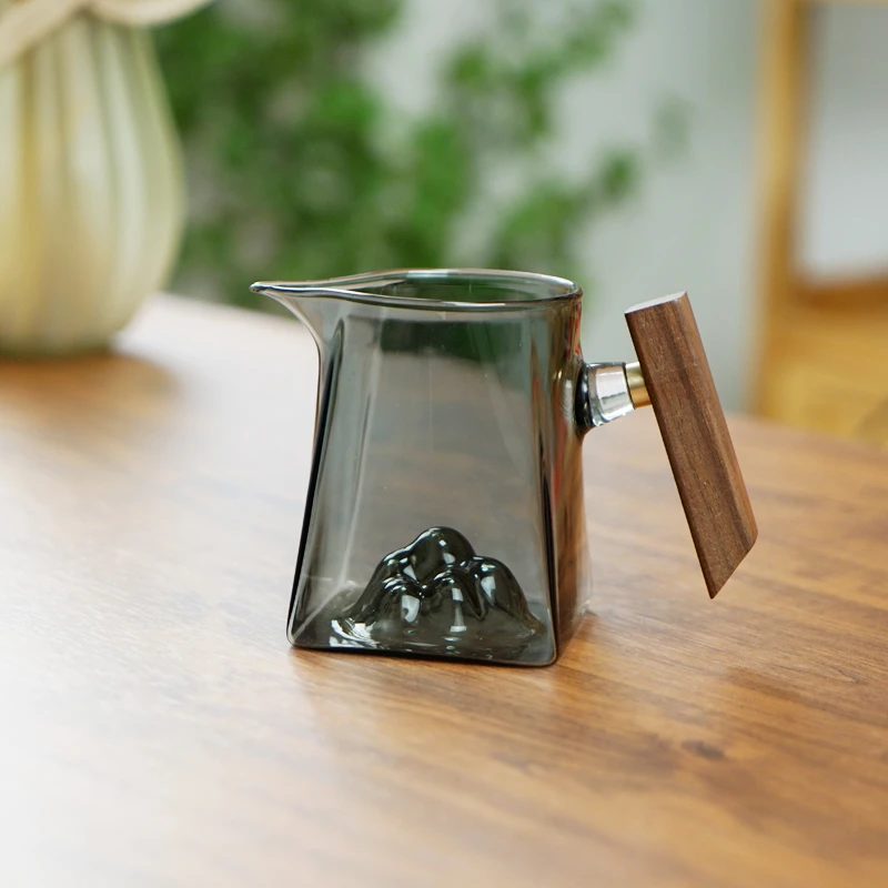 烟灰观山公道杯耐热公杯过滤分茶分茶器玻璃木把公道杯耐热公杯
