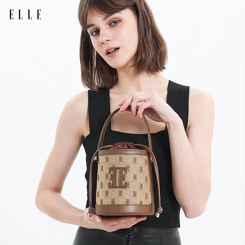 ELLE25新款爆款【琥珀流光】秋季女士轻奢水桶单肩斜跨包印花手拎包