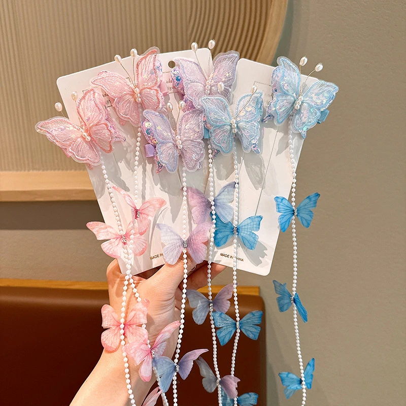 2025彩色珠珠流苏发饰马尾链女孩编发夹立体蝴蝶仙气头饰飘逸发链