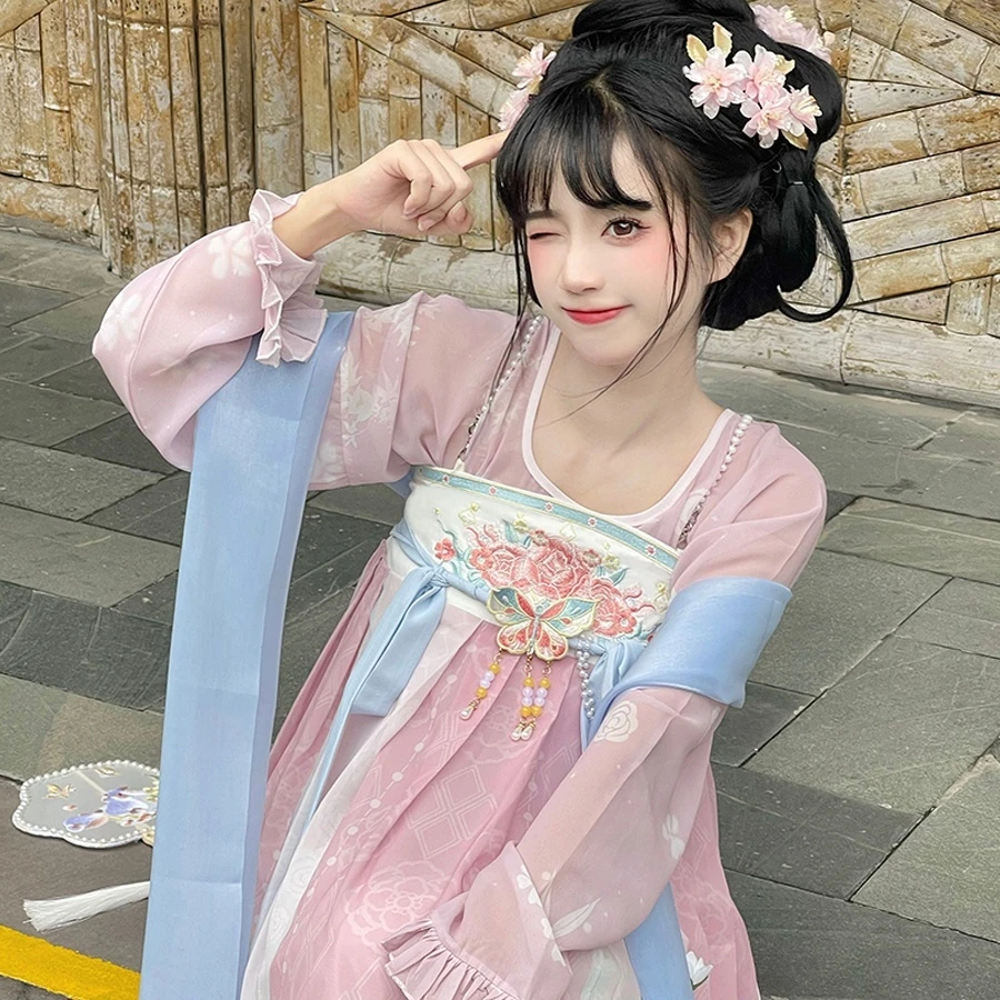 花拾记原创【蔷薇少女】 圆领短衫印花齐胸吊带连衣裙汉服女日常