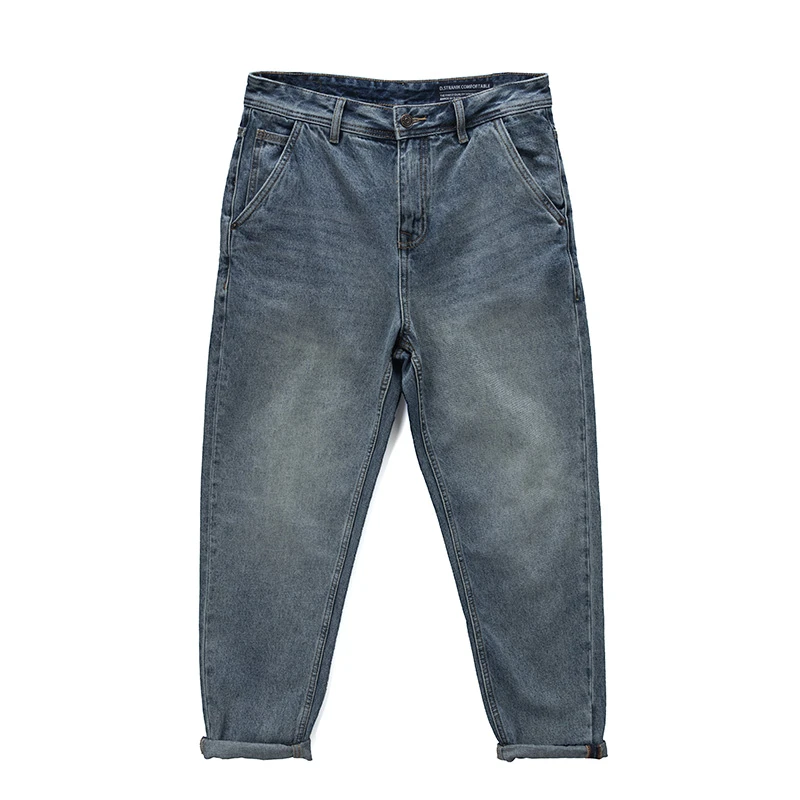 3253重磅纯棉蓝色牛仔裤秋冬厚实宽松直筒裤男士猫须高端休闲长裤