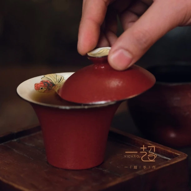 设计师手作粉引手绘马蹄盖碗家用泡茶碗功夫茶具